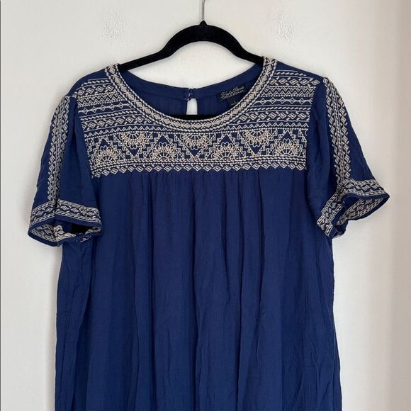 Lucky Brand Dark Blue Embroidered bohemian short sleeve casual Dress Women LG - Picture 2 of 12